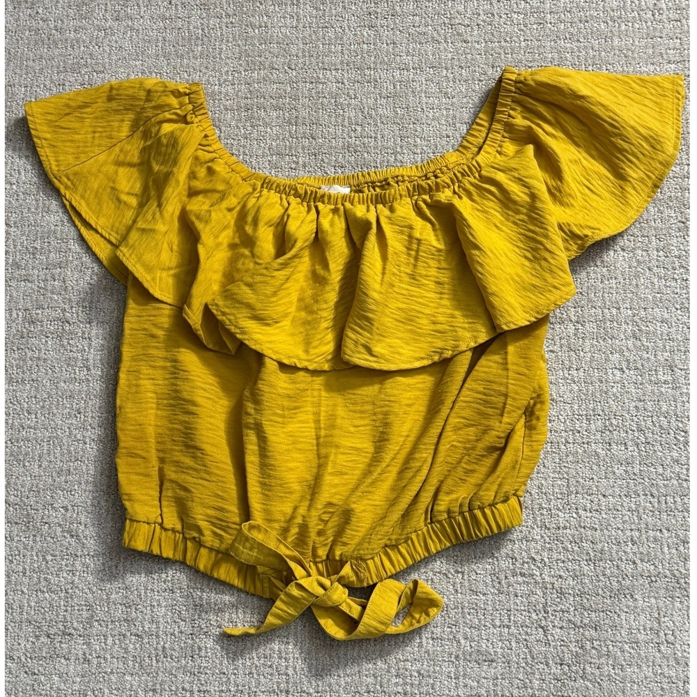 Hem & Thread Off Shoulder Ruffle Top Tie Waist‎ Yellow Blouse Size S